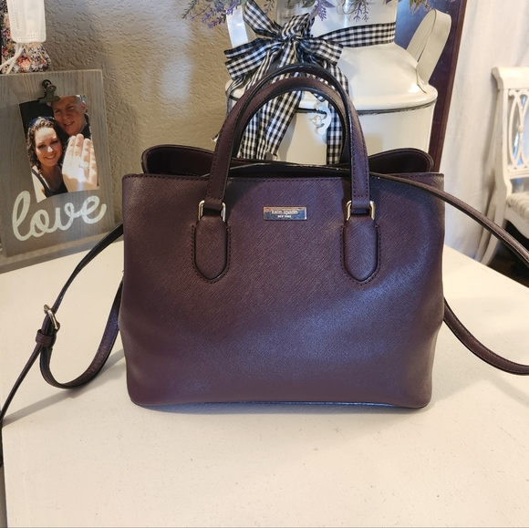 KATE SPADE NY SAFIANO LEATHER EVANGELIE LAUREL WAY SATCHEL-BURGUNDY 11.5×9.5 EUC - Picture 1 of 16